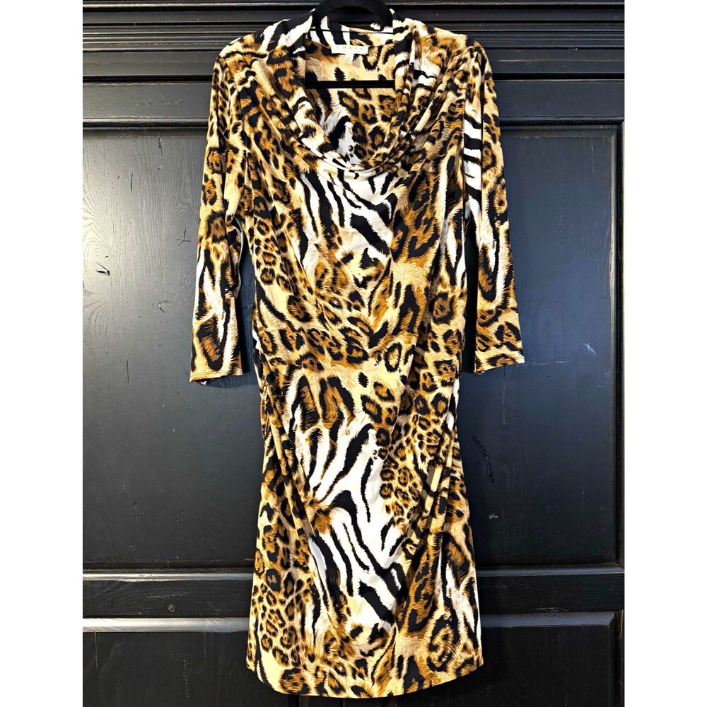 Chaus New York Women's L Brown/Black/White Animal Print Cowl Neck Shift Dress